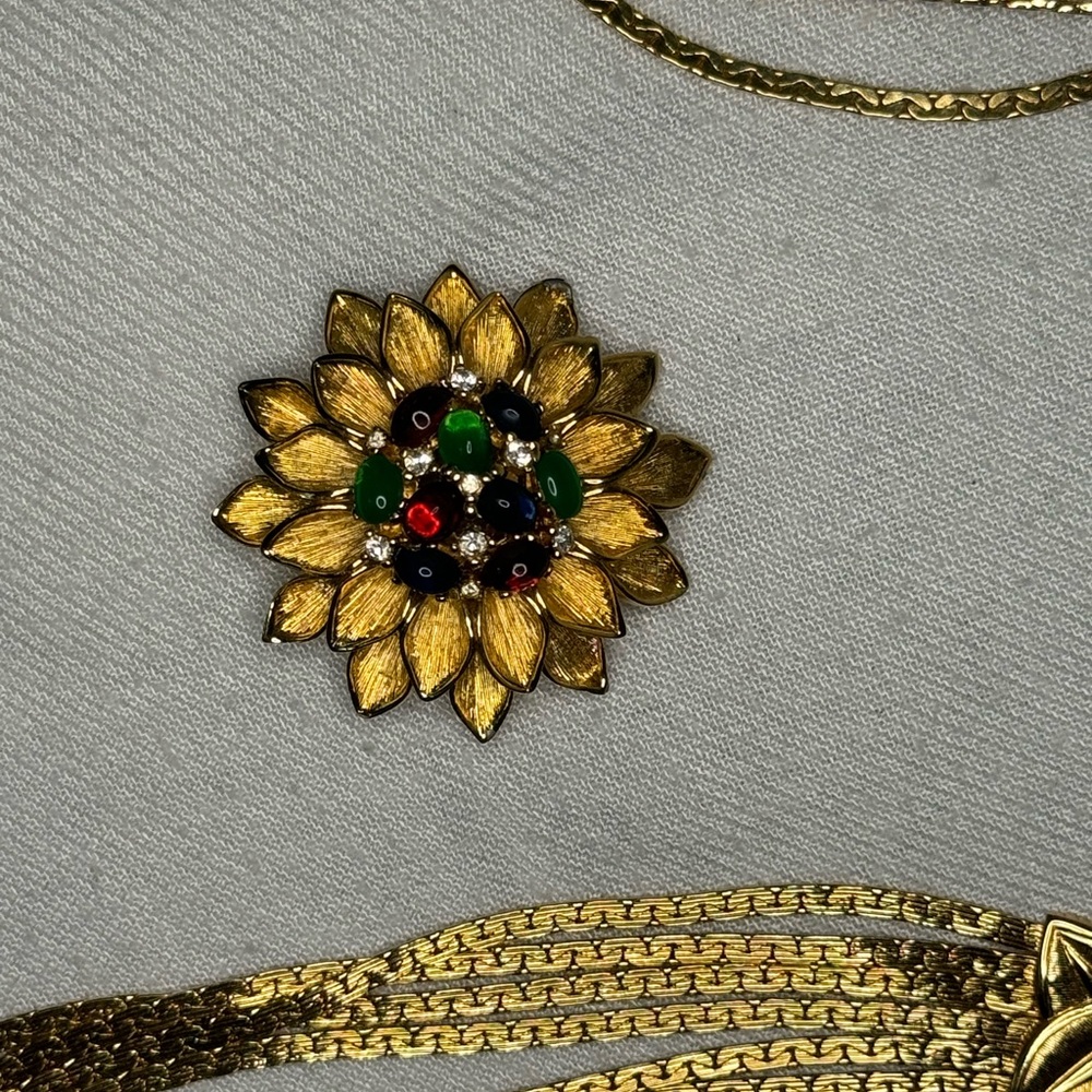 D'ORLAN Vintage signed Florentine Gilt Metal Flower Pin plus unsigned necklace